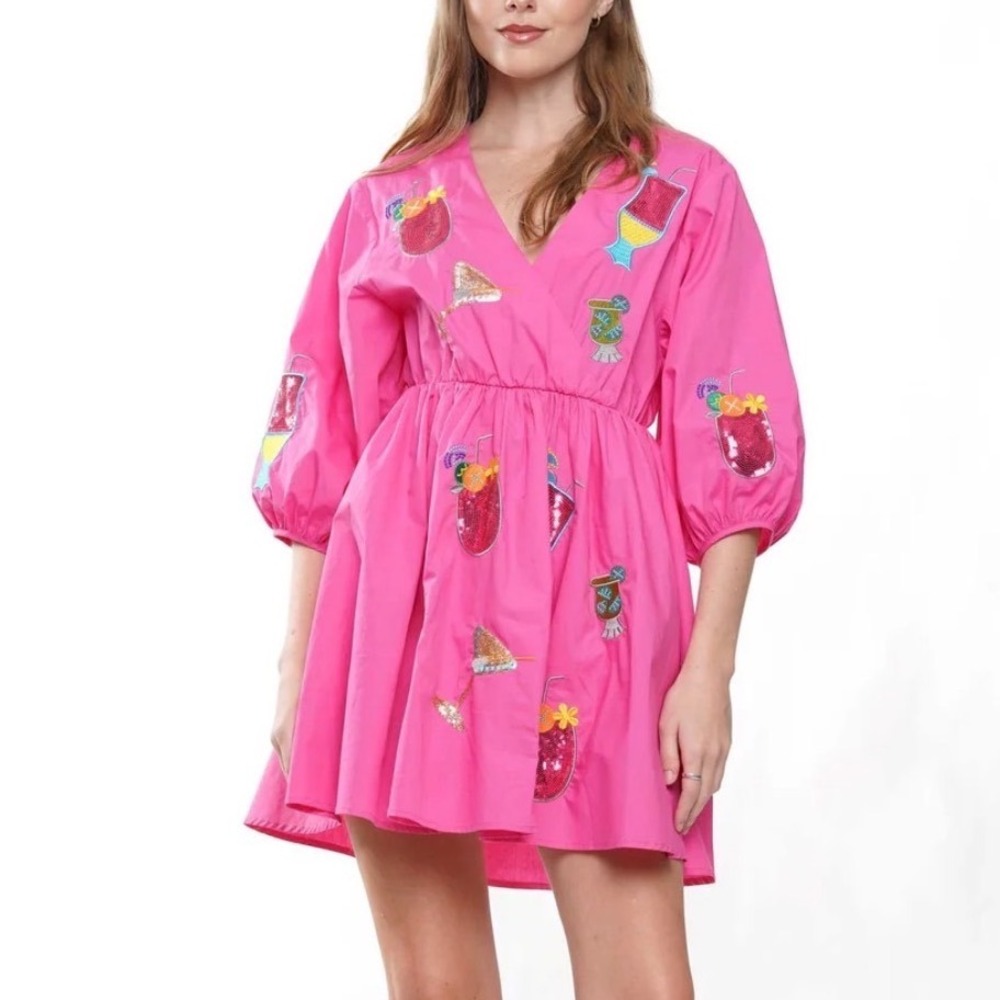 WHY Dress Pink Sequin Cocktail Party Birthday Surplice Puff Sleeve Mini Dress M